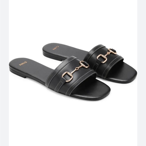 Mango Shoes - Mango Black Slide Sandals with Gold Horsebit Trim